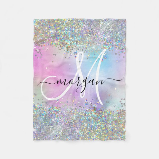 Holografiskt Glitter Rainbow Pastels Monogram Fleecefilt (Framsidan)