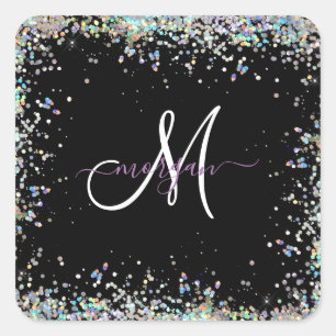 Holografiskt Glitter Rainbow Pastels Monogram Fyrkantigt Klistermärke