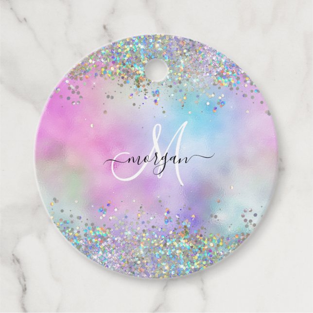 Holografiskt Glitter Rainbow Pastels Monogram Gåvor Etiketter (Framsida)