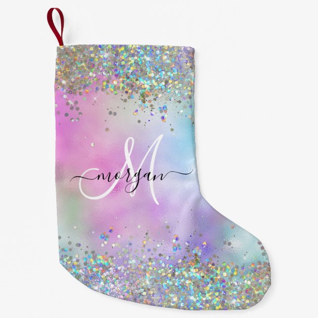 Holografiskt Glitter Rainbow Pastels Monogram Liten Julstrumpa (Framsidan)
