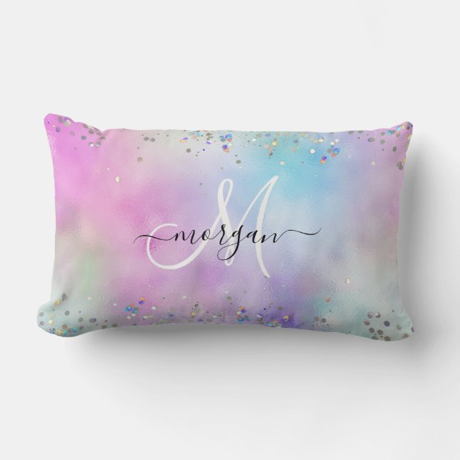 Holografiskt Glitter Rainbow Pastels Monogram Lumbarkudde (Framsida)