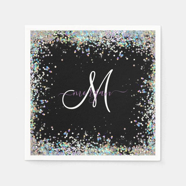 Holografiskt Glitter Rainbow Pastels Monogram Pappersservett (Framsidan)