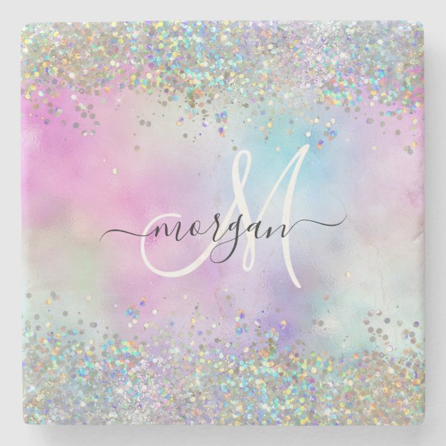 Holografiskt Glitter Rainbow Pastels Monogram Stenunderlägg (Framsidan)