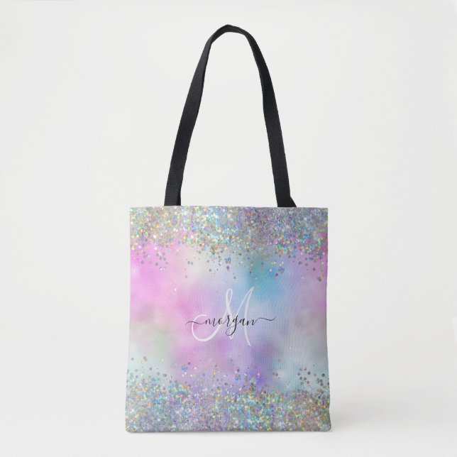 Holografiskt Glitter Rainbow Pastels Monogram Tygkasse (Framsida)