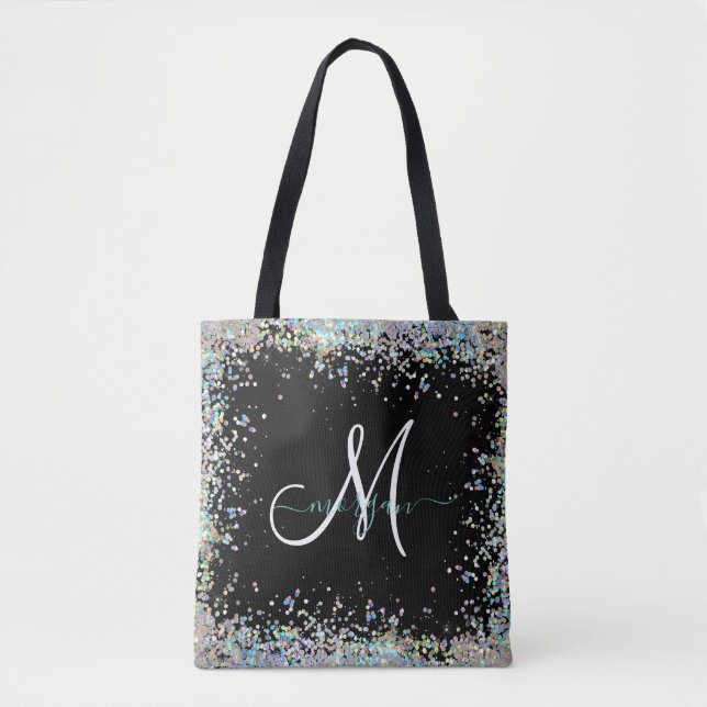 Holografiskt Glitter Rainbow Pastels Monogram Tygkasse (Framsida)