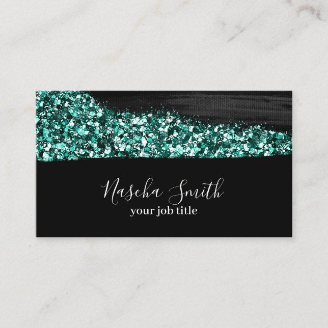 Holografiskt Glitter Teal & Black Modern Visitkort (Framsida)