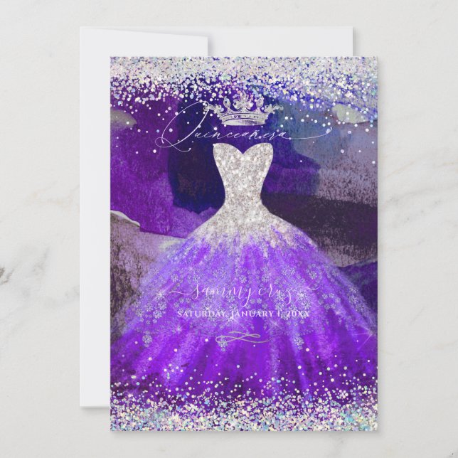 Holografiskt Glitter Ultra Violet Quinceanera Gown Inbjudningar (Framsida)