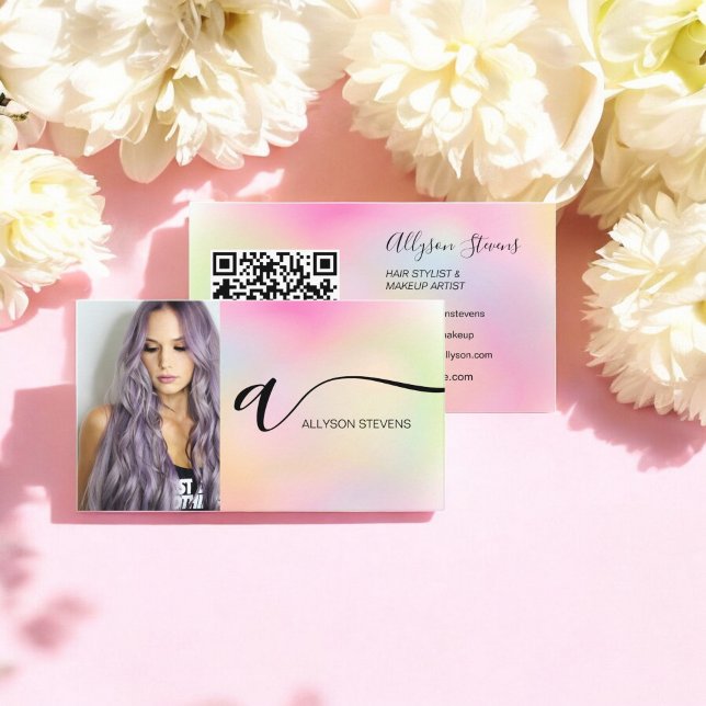 Holografiskt hårremsbildande fotoinledande qr-kod visitkort (Holographic hair makeup photo initial qr code business card)