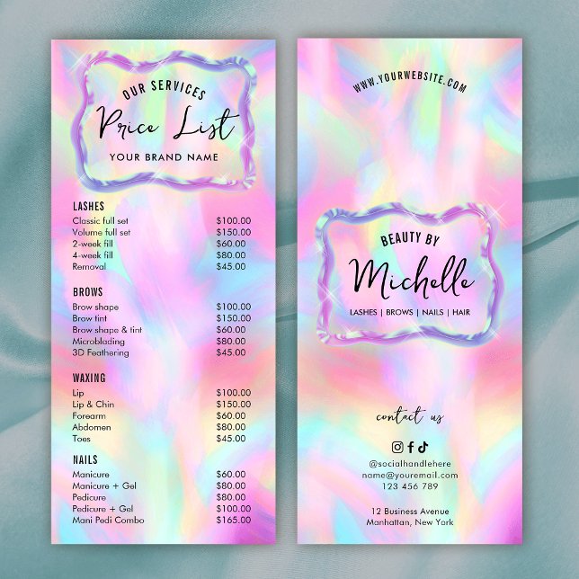 Holografiskt Neon Färg Girly Spa Salon Pris List Reklamkort (Skapare uppladdad)