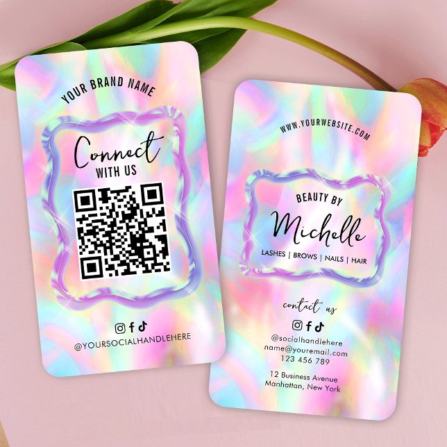 Holografiskt Neon Opal Girly Social Media QR-kod Visitkort (Trendy holographic neon effect scannable social media QR code business cards)