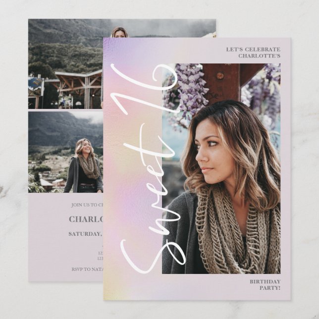 Holografiskt ombre-skript teal 4 foto Sweet 16 Inbjudningar (Fram/baksida)