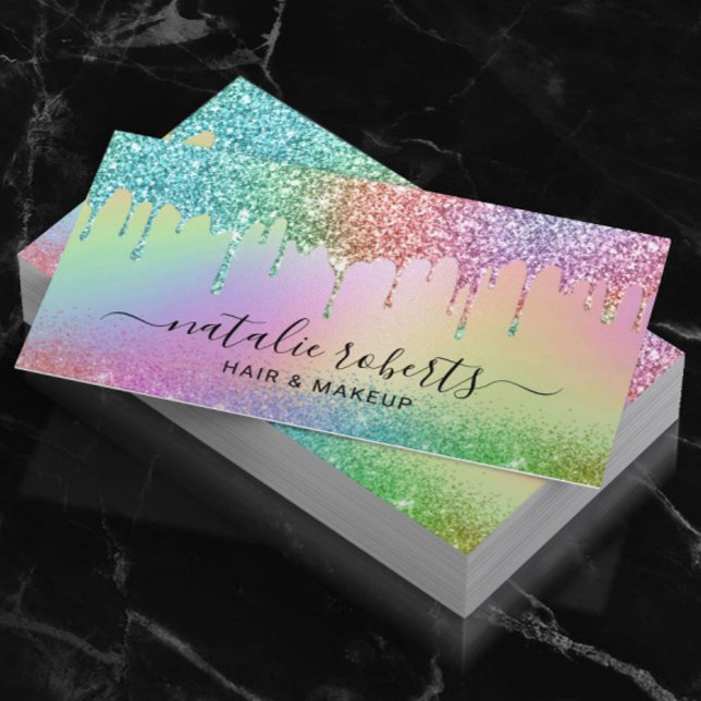 Holografiskt Unicorn Glitter Drips Modern Salon Sp Visitkort (Skapare uppladdad)