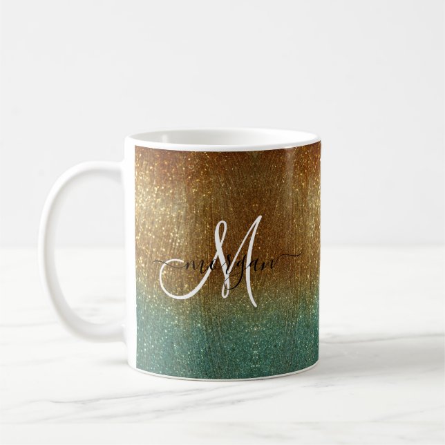 Hologragram guld Glitter Monogram Kaffemugg (Vänster)
