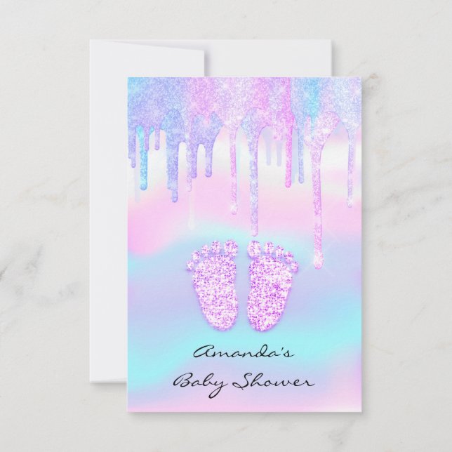 Hologram Unicorn Baby Shower Girl Feet Glitter Inbjudningar (Baksida)