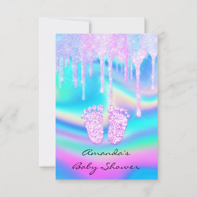 Hologram Unicorn Baby Shower Girly Feet Glitter Inbjudningar (Baksida)