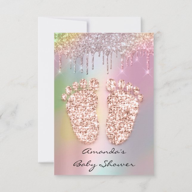 HolographGlitter Drips Ro Guld Baby Shower Feet Inbjudningar (Baksida)