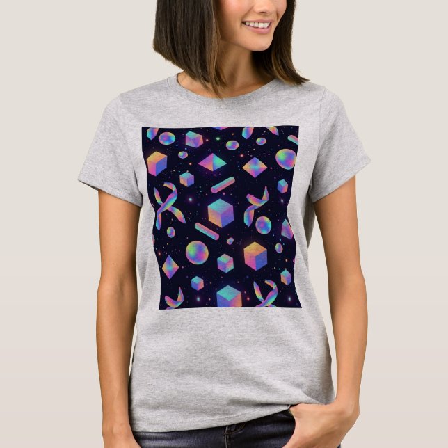Holographic 3D Geometric Space Aesthetic Tee (Framsida)