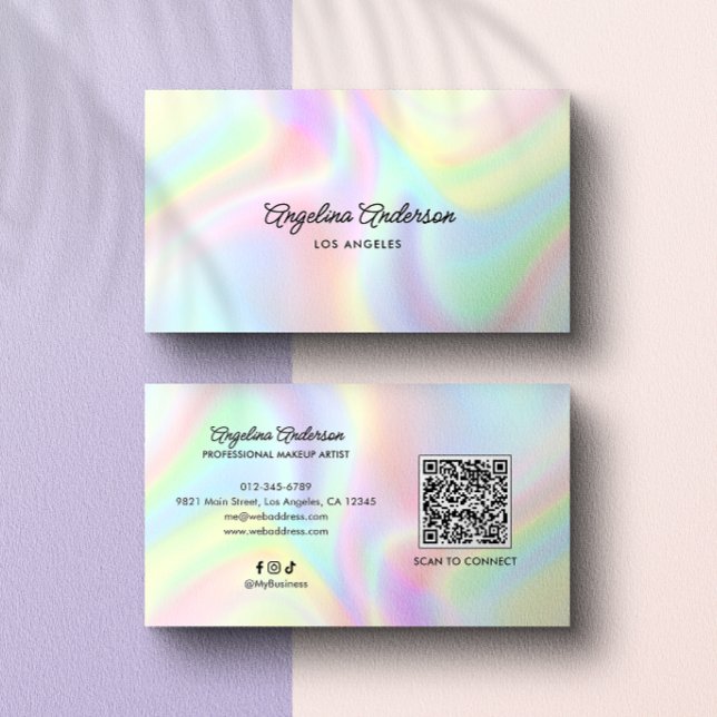 Holographic Elegant Script QR Code Social Media Visitkort (Skapare uppladdad)