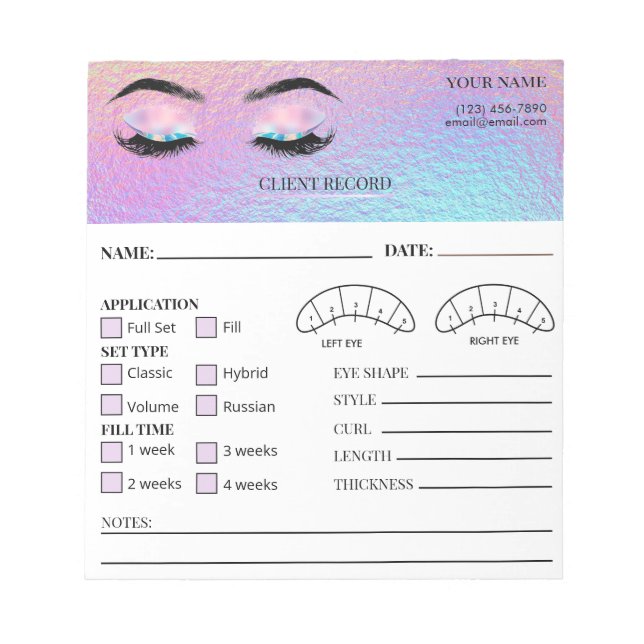Holographic Eyelash Client Record Form Anteckningsblock (Framsida)