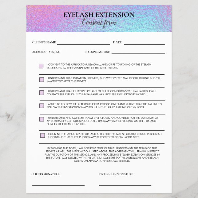 Holographic Eyelash Consent form Reklamblad (Framsidan)