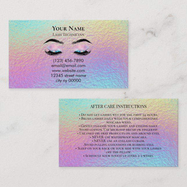 Holographic Lash Technician After care Card Tidsbeställning Kort (Fram/baksida)
