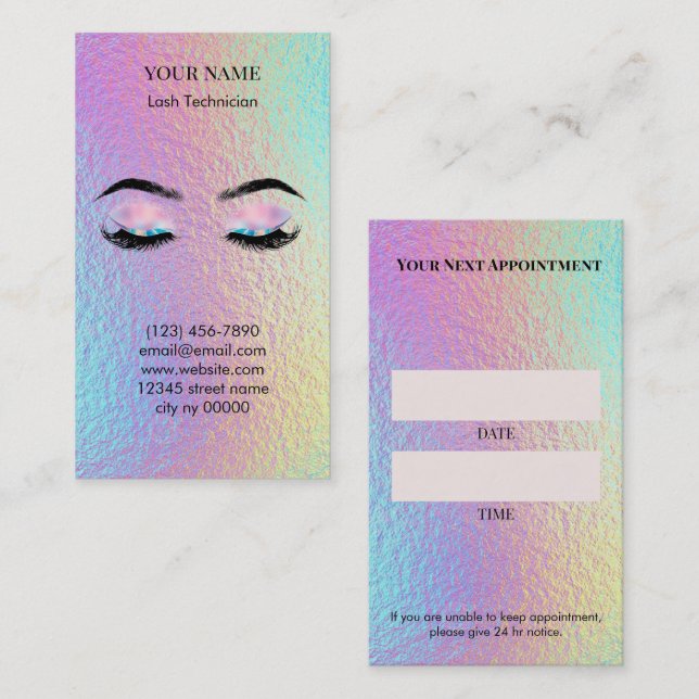 Holographic Lash Technician Appointment Card Tidsbeställning Kort (Fram/baksida)