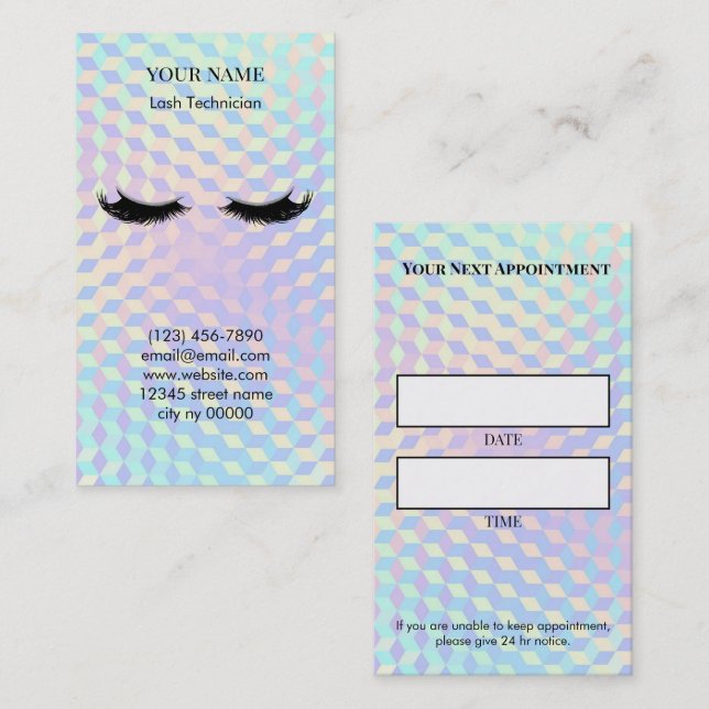 Holographic Lash Technician Appointment Card Tidsbeställning Kort (Fram/baksida)