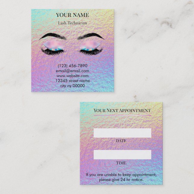 Holographic Lash Technician Appointment Card Tidsbeställning Kort (Fram/baksida)