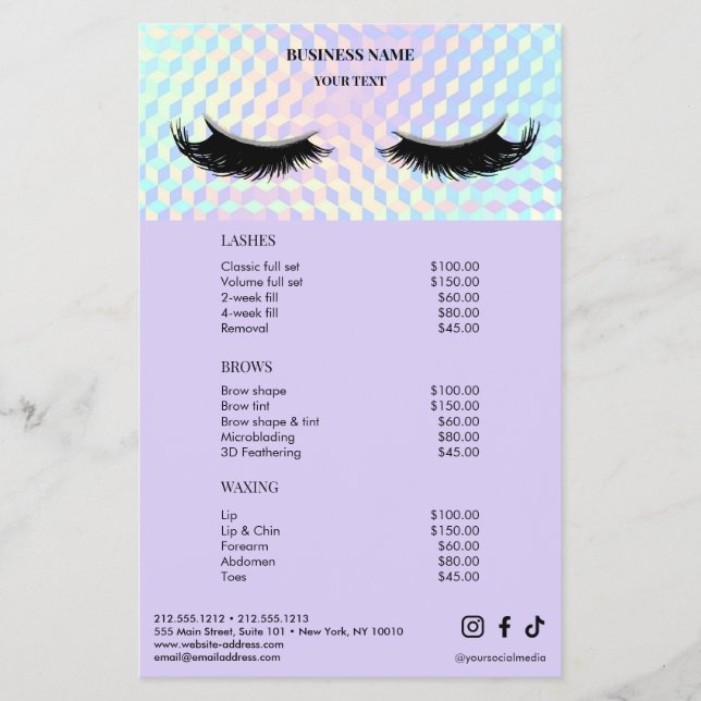 Holographic Lashes Salon Price List Menu Flygblad (Framsidan)