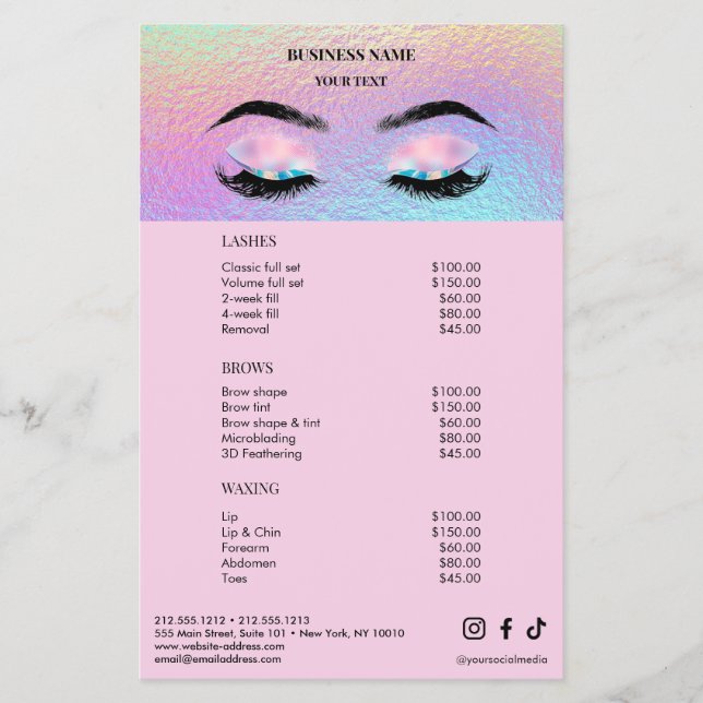 Holographic Lashes Salon Price List Menu Flygblad (Framsidan)