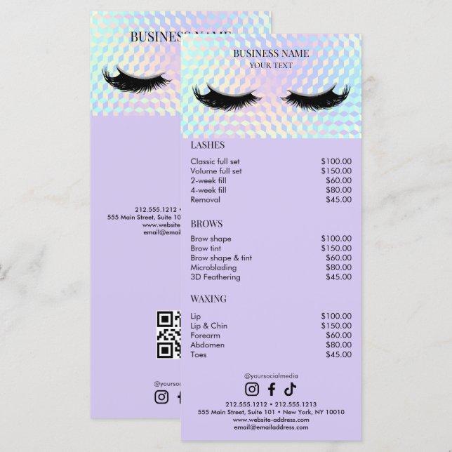 Holographic Lashes Salon Price List Meny (Fram/baksida)