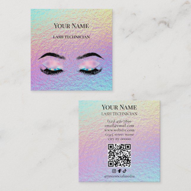 Holographic QR code Beige and Gold Lash Technician Fyrkantigt Visitkort (Fram/baksida)