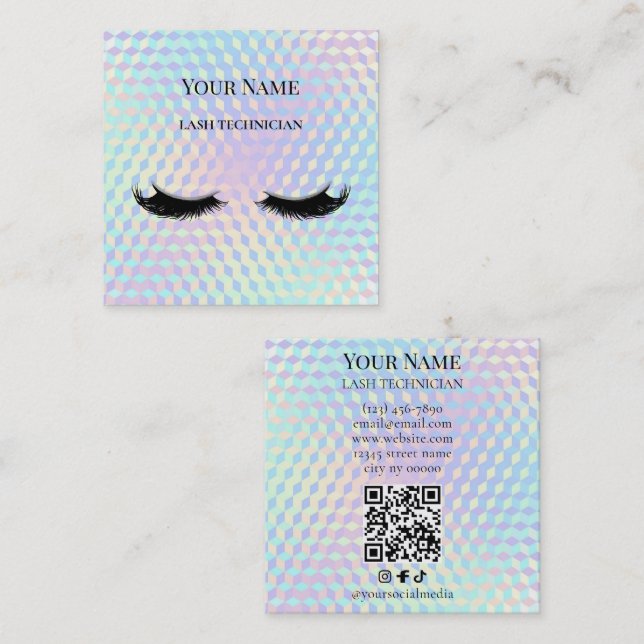 Holographic QR code Beige and Gold Lash Technician Fyrkantigt Visitkort (Fram/baksida)