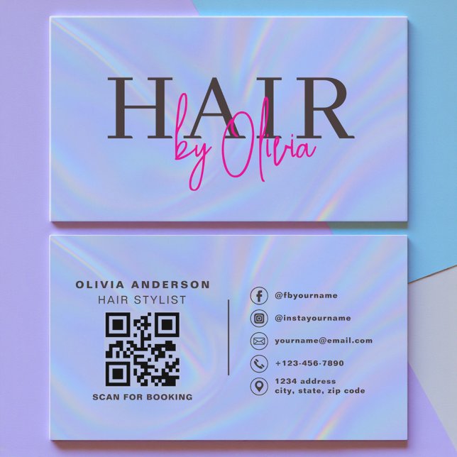 Holographic QR Code Hair Stylist Modern Visitkort (Skapare uppladdad)