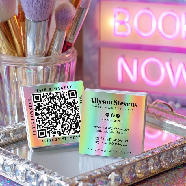 Holographic Rainbow Bold QR Code Hair & Makeup Fyrkantigt Visitkort (Holographic Rainbow Bold QR Code Hair & Makeup Square Business Card)