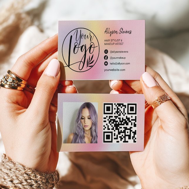Holographic rainbow hair makeup photo logo qr code visitkort (Holographic rainbow hair makeup photo logo qr code business card)