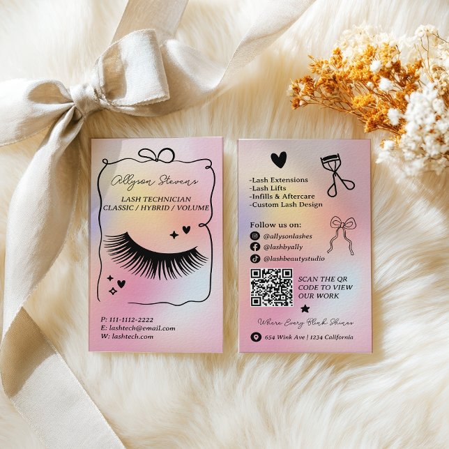 Holographic rainbow unicorn  Lash Tech QR Code Visitkort (Holographic rainbow unicorn Lash Tech QR Code Business Card)