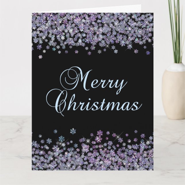 Holographic Snowflakes Black Merry Christmas Kort (Framsida)