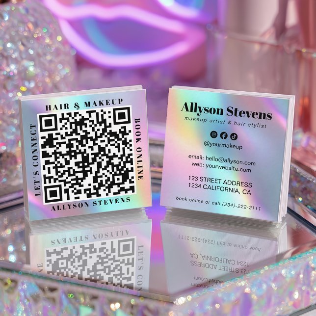 Holographic Unicorn Bold QR Code Hair & Makeup Fyrkantigt Visitkort (Holographic Unicorn Bold QR Code Hair & Makeup Square Business Card)