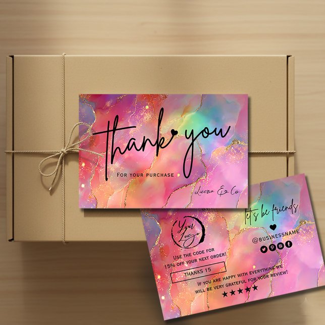Holographic Watercolor Thank You Card Gold Accents Visitkort (#holographic #thankyoucard #watercolorart #smallbusinesspackaging
#businesscarddesign #goldfoilstyle)