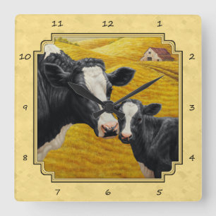 Holstein Cow and Calf Farm Gult Fyrkantig Klocka