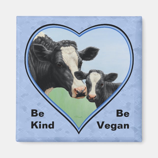 Holstein Cow & Calf Blue Heart Vegan Magnet (Framsidan)