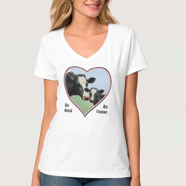 Holstein Cow & Calf Rosa Heart Vegan Tee Shirt (Framsida)