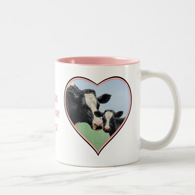 Holstein Cow & Calf Rosa Heart Vegan Två-Tonad Mugg (Höger)