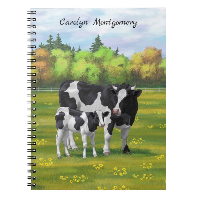 Holstein Cow & Cute Calf i sommarbetesmark Anteckningsbok (Framsidan)