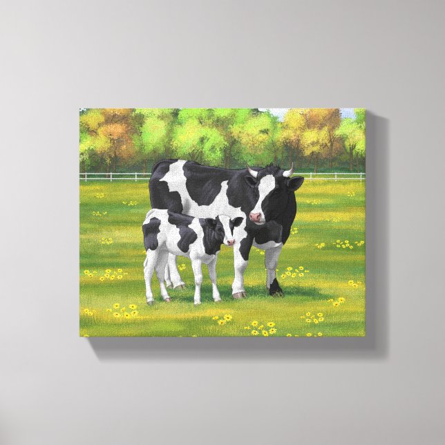 Holstein Cow & Cute Calf i sommarbetesmark Canvastryck (Framsida)