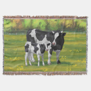Holstein Cow & Cute Calf i sommarbetesmark Filt