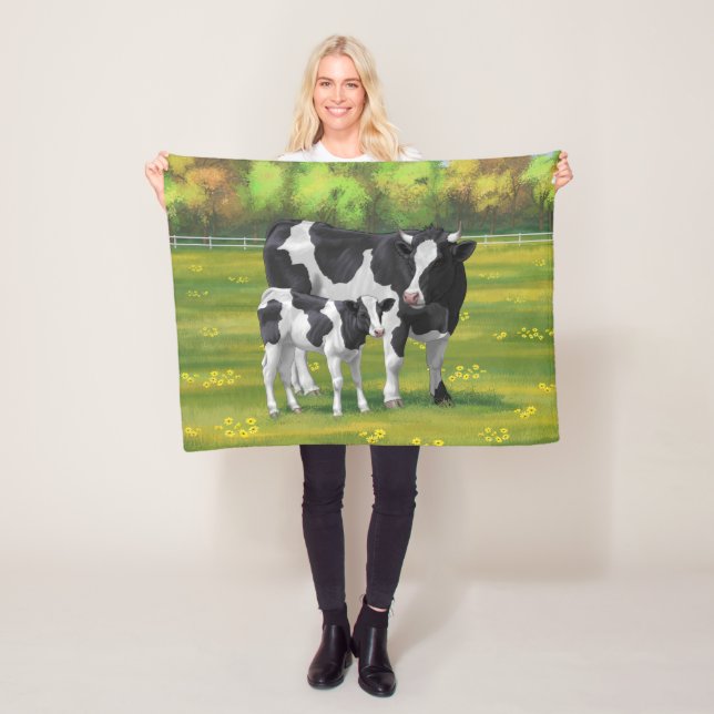 Holstein Cow & Cute Calf i sommarbetesmark Fleecefilt (På plats)