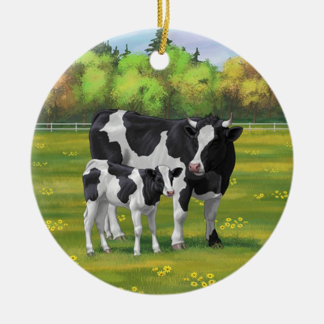 Holstein Cow & Cute Calf i sommarbetesmark Julgransprydnad Keramik (Framsidan)