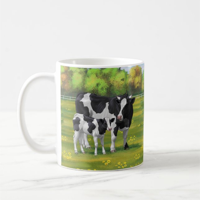 Holstein Cow & Cute Calf i sommarbetesmark Kaffemugg (Vänster)